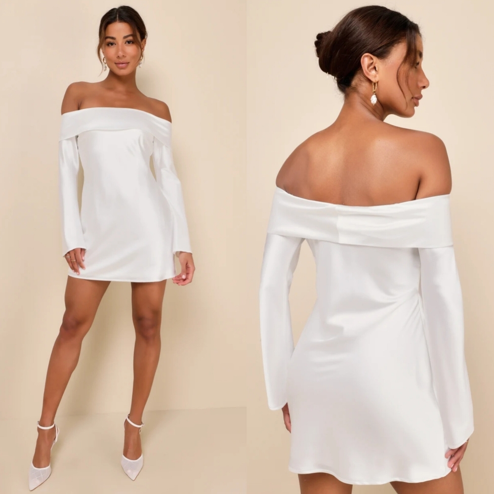Lulus Luxurious Vision White Satin Off-the-Shoulder Mini Dress L Party Wedding